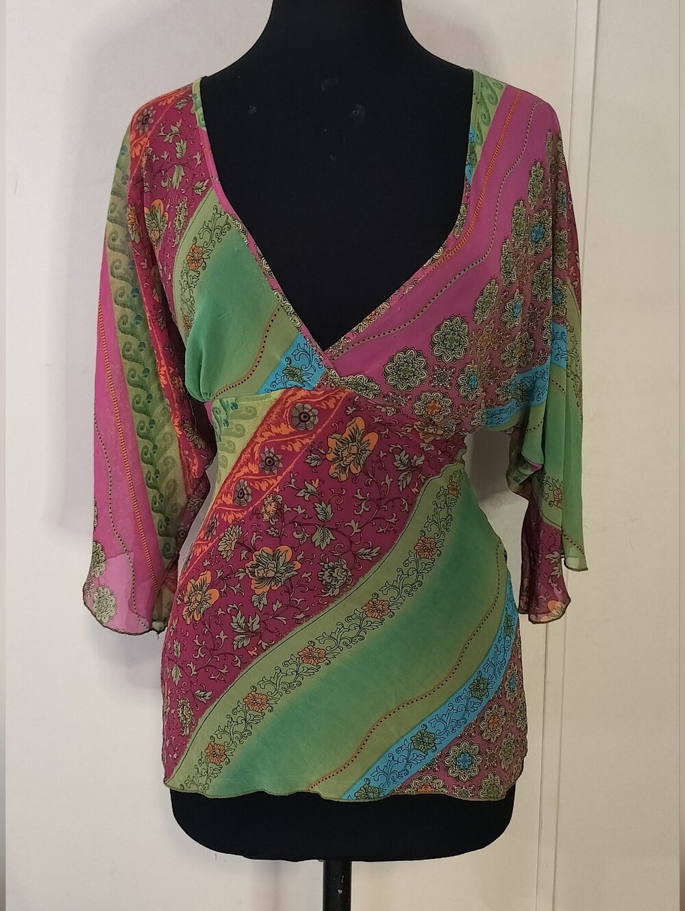 mandee Green & Pink Floral Wrap-Front Blouse